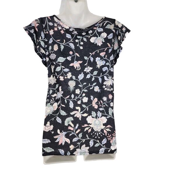LOFT Womens Top Size XS 100% Linen Floral Short Flutter Sleeve Blue Round Neck - Picture 2 of 9